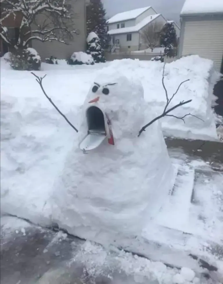 A creative snow sculpture resembling a ferocious snowman built around a mailbox. The snowman has an open mouth formed by the mailbox, angry black eyes, a carrot nose, and twig arms raised in a menacing gesture. Surrounding the sculpture is a snowy suburban neighborhood with houses and trees blanketed in white.
