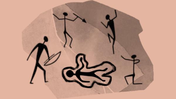 Una especie de pintura rupestre donde se ven a 4 figuras humanas al rededor de otra tumbada y rodeada de una linea como si fuera una escena de un crimen,.
