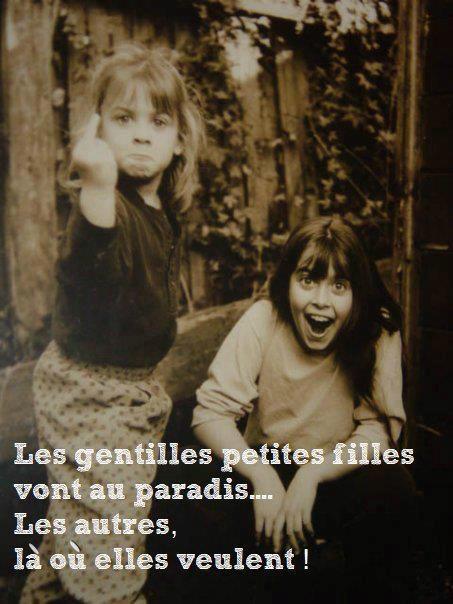 Photo de 2 fillettes, face caméra , la plus petite (5 ans à peine) fait un doigt d’honneur avec un air bien déter et l’autre (10 ou 12 ans) est bouche bée souriante.
Est écrit sur le bas “Les gentilles petites filles vont au paradis…
Les autres, là où elles veulent !”