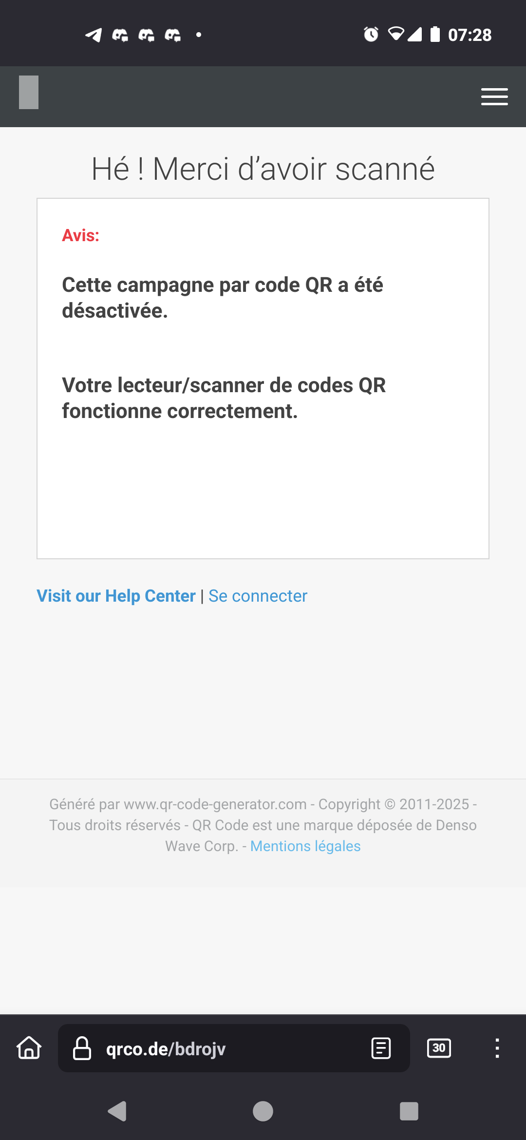 Page web d'un raccourcisseur d'URL signalant que la campagne est terminée et donc pas d'information au bout du lien...