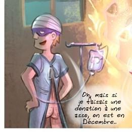 Détail de la BD de David avec Superflu en chemise d'hôpital (hi hi, on voit ses fesses !) qui dit « Oh mais si je faisais une donation à une asso, on est en décembre… »