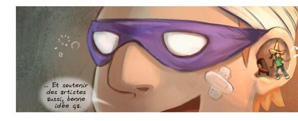 Détail de la BD de David, avec Superflu en gros plan qui dit « Et soutenir des artistes aussi, bonne idée ça. »