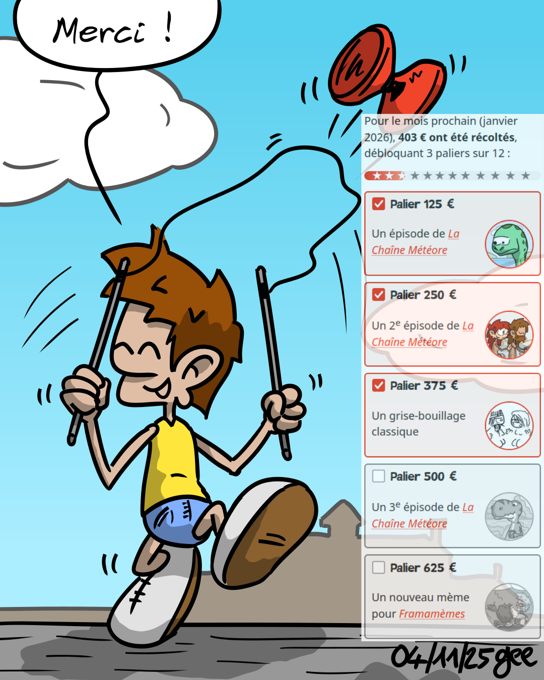 Sale gosse qui dit « merci » à côté d'une capture d'écran des paliers de crowdfunding.