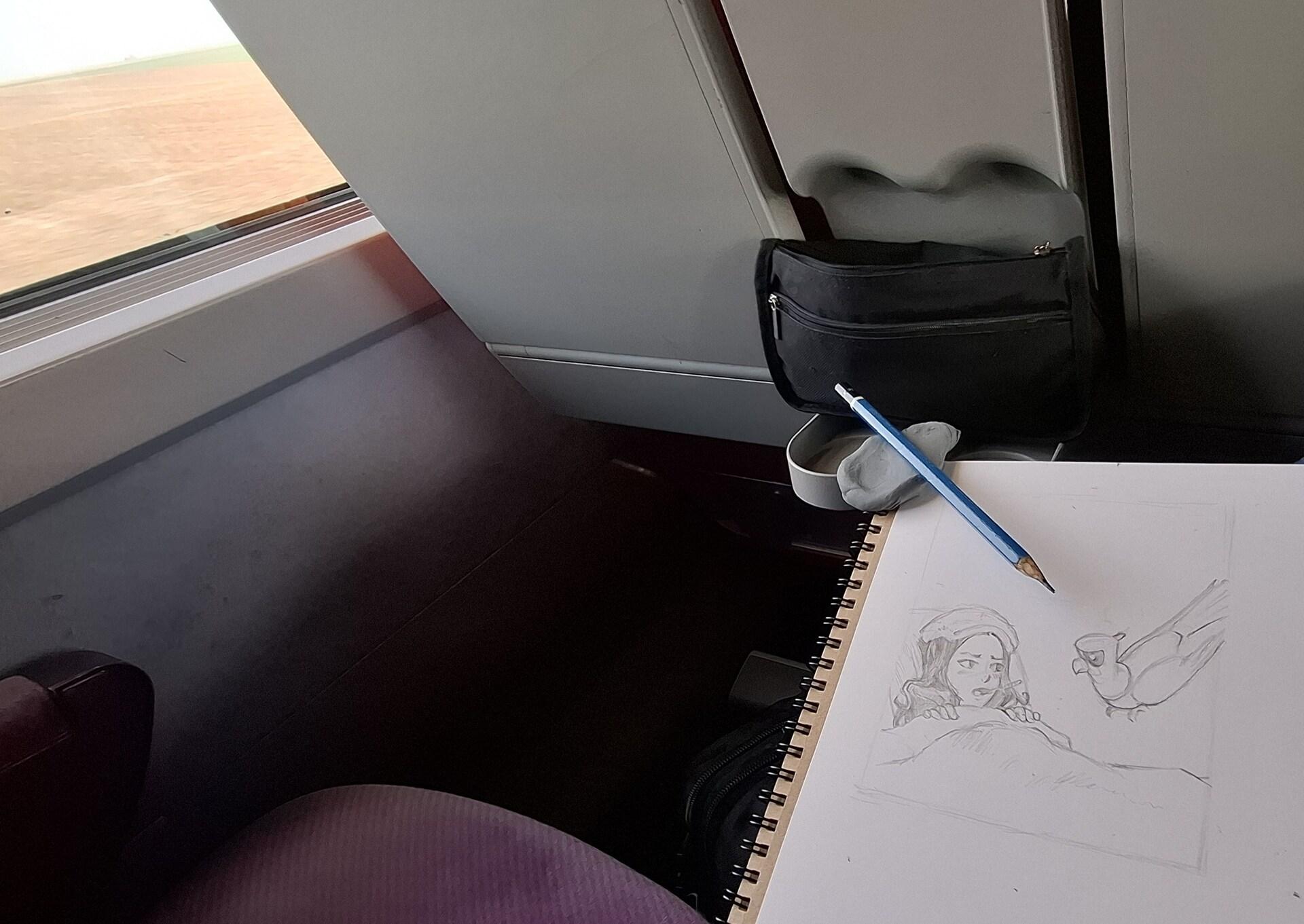 A photo of my sketchbook on the French train: I draw in pencil a picture of the Gothic Sorceress. She is sick with her Avian Intelligence Parrot near to her.