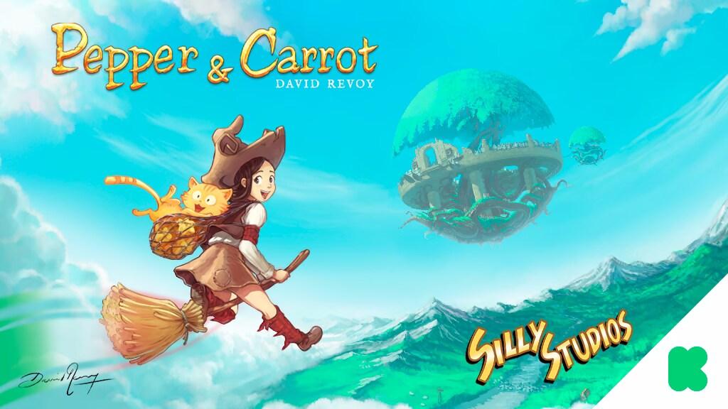 The cover image used by Silly Studios for their Kickstarter prelaunch: the cover of Pepper&Carrot book 1 with their logo and Kickstarter logo on the top.