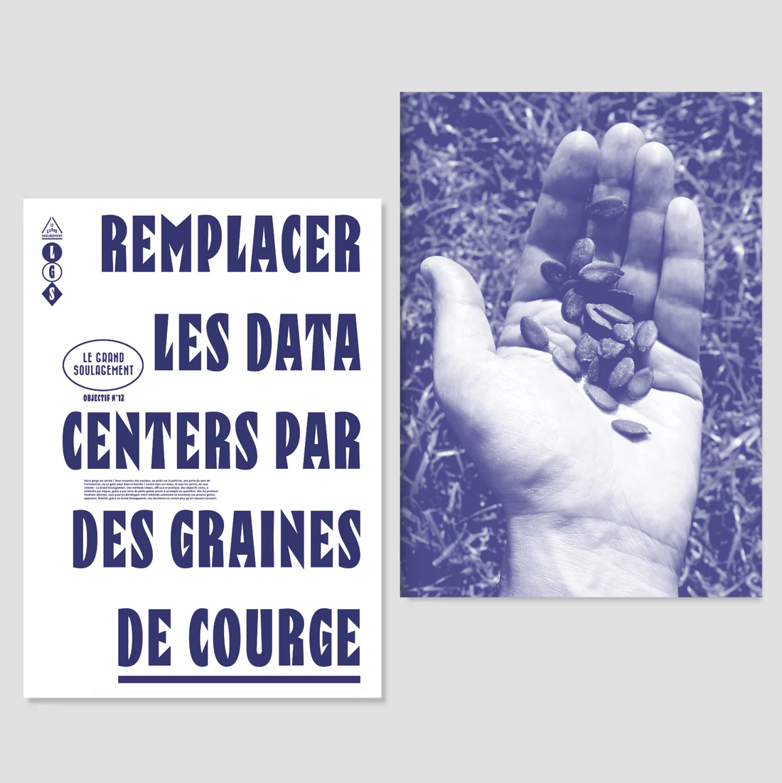 photo des affiches du Grand Soulagement
Objectif 10

à gauche, l'affiche en texte :
"Remplacer les datacenters par des graines de courges"
à droite, la deuxième affiche en photo : une main contenant des graines de courges
