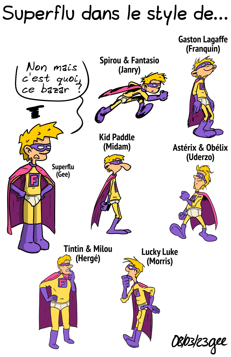 Superflu représenté dans les styles de Spirou & Fantasio (Janry), de Gaston Lagaffe (Franquin), de Kid Paddle (Midam), de Astérix & Obélix (Uderzo), de Tintin & Milou (Hergé) et Lucky Luke (Morris). Le vrai Superflu dit : « Non mais c'est quoi, ce bazar ? » Note : BD sous licence CC BY SA (grisebouille.net), dessinée le 8 mars 2023 par Gee.