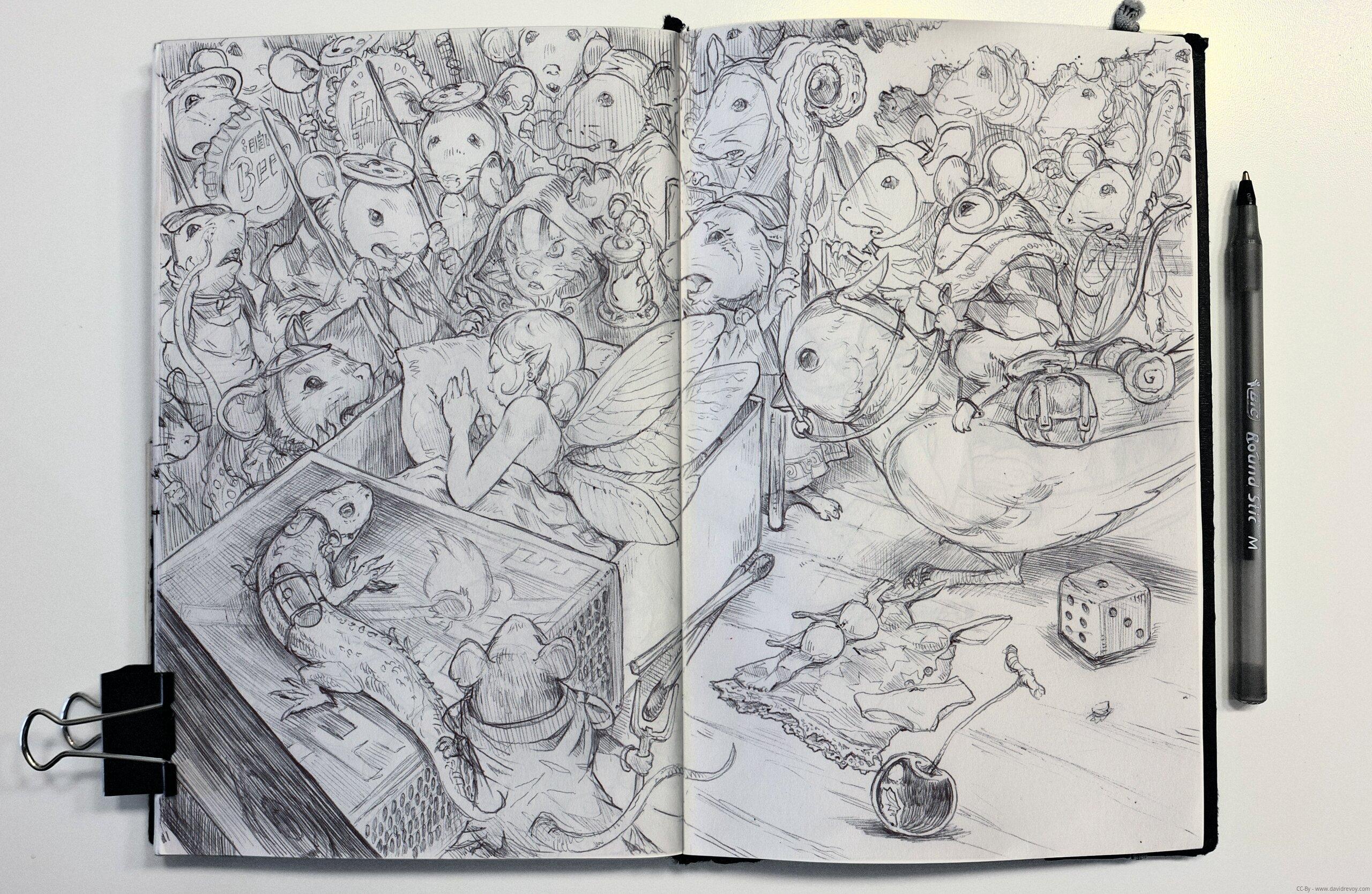 A photo detailed ballpoint pen drawing in a sketchbook depicting a sleeping fairy on a matchbox, surrounded by an assembled army of mice. The fairy lies peacefully under a blanket with her wings visible, her discarded clothes on the floor beside the matchbox. A cherry sits nearby, remnants of her dinner. Around her, an intricate mouse civilization has gathered: a shaman mouse observes her intently, soldier mice display varied reactions of fear and uncertainty, a female priest mouse stands with her servants gesturing to others as if announcing a prophecy. Additional details include a soldier mouse with a lizard familiar wearing a belt and carrying gears, and another mouse mounted atop a small passerine bird. The composition is densely detailed with numerous characters and interactions filling the space around the central sleeping figure, all rendered in black ballpoint pen with no preliminary sketch.