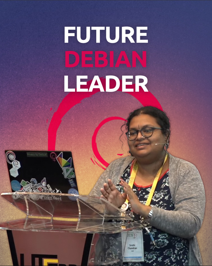 Photo of Sruthi Chandran, probably giving a conference talk. Debian swirl in the background.