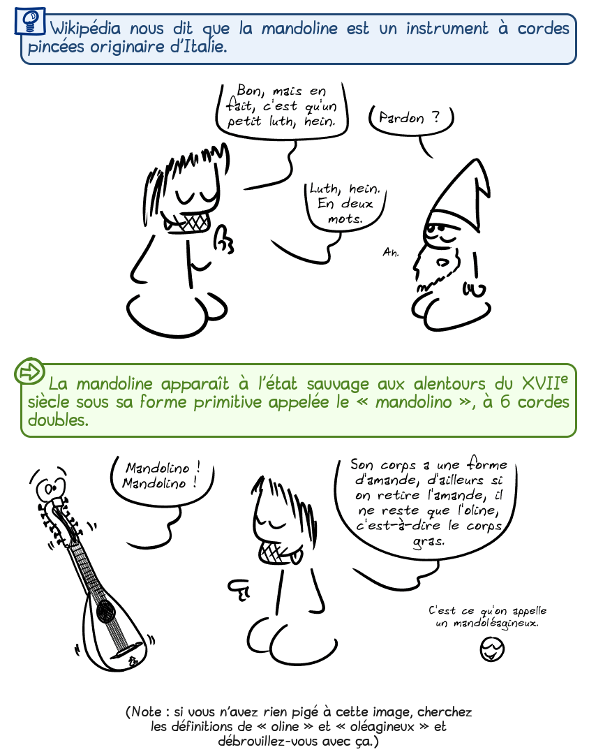 Wikipédia nous dit que la mandoline est un instrument à cordes pincées originaire d'Italie.

Gee : « Bon, mais en fait, c'est qu'un petit luth, hein. » Petit lutin : « Pardon ? » Gee : « Luth, hein. En deux mots. » Petit lutin : « Ah. »

La mandoline apparaît à l'état sauvage aux alentours du XVIIe siècle sous sa forme primitive appelée le « mandolino », à 6 cordes doubles.

Un mandolino avec des yeux dit : « Mandolino ! Mandolino ! » Gee : « Son corps a une forme d'amande, d'ailleurs si on retire l'amande, il ne reste que l'oline, c'est-à-dire le corps gras. » Le smiley : « C'est ce qu'on appelle un mandoléagineux. »

(Note : si vous n'avez rien pigé à cette image, cherchez les définitions de « oline » et « oléagineux » et débrouillez-vous avec ça.)