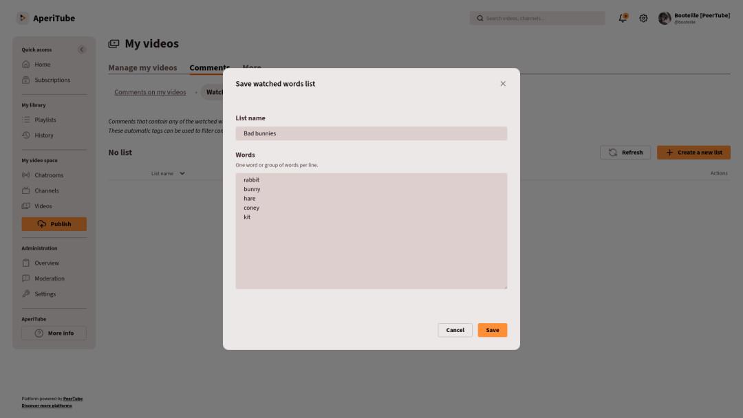 Screenshot showing the form for adding a watched words list. Simply enter a list name and then enter the list of words.