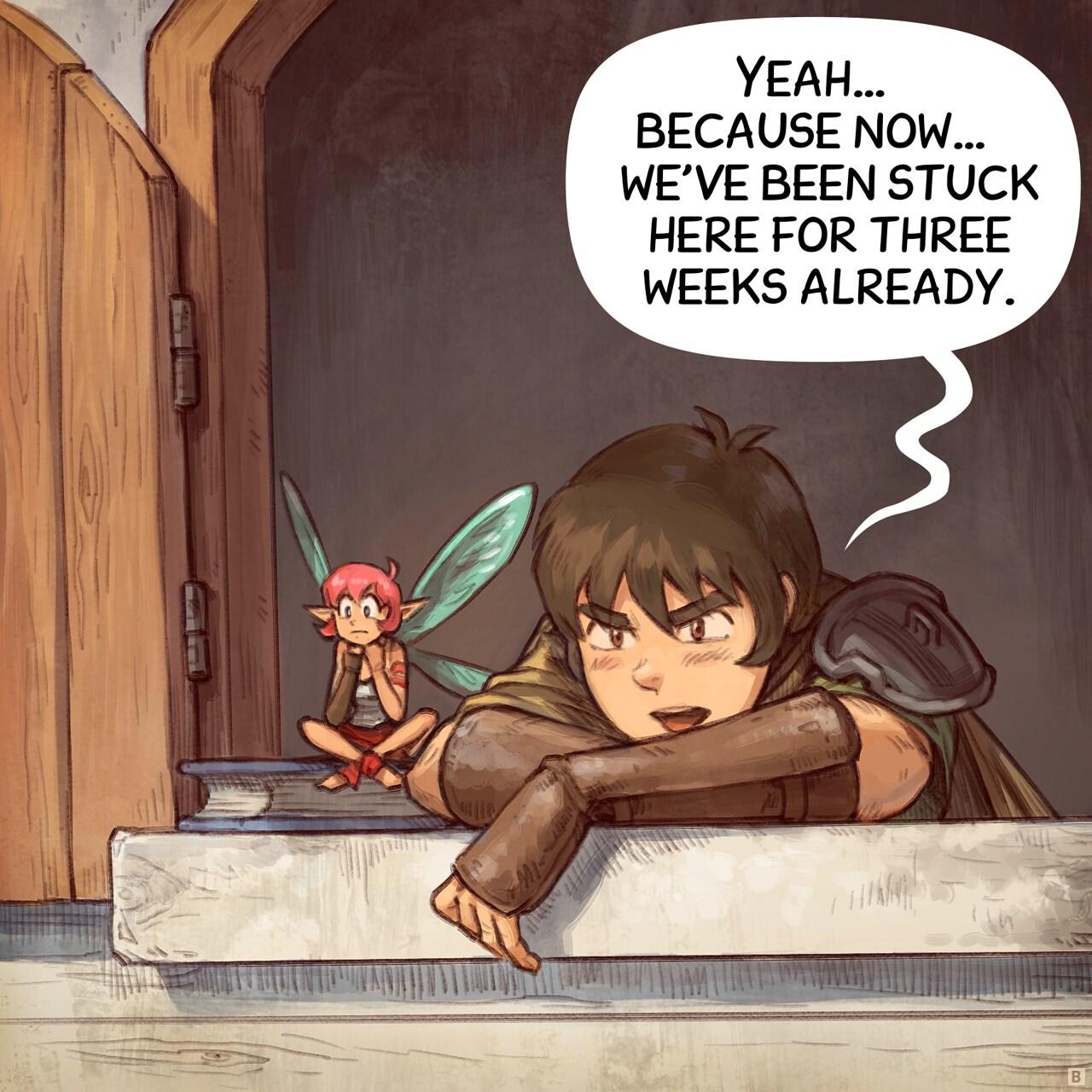 Panel 2. Close up on them bored at the window.  
> Pink-Fairy: "Yeah… because now… we’ve been stuck here for three weeks already."