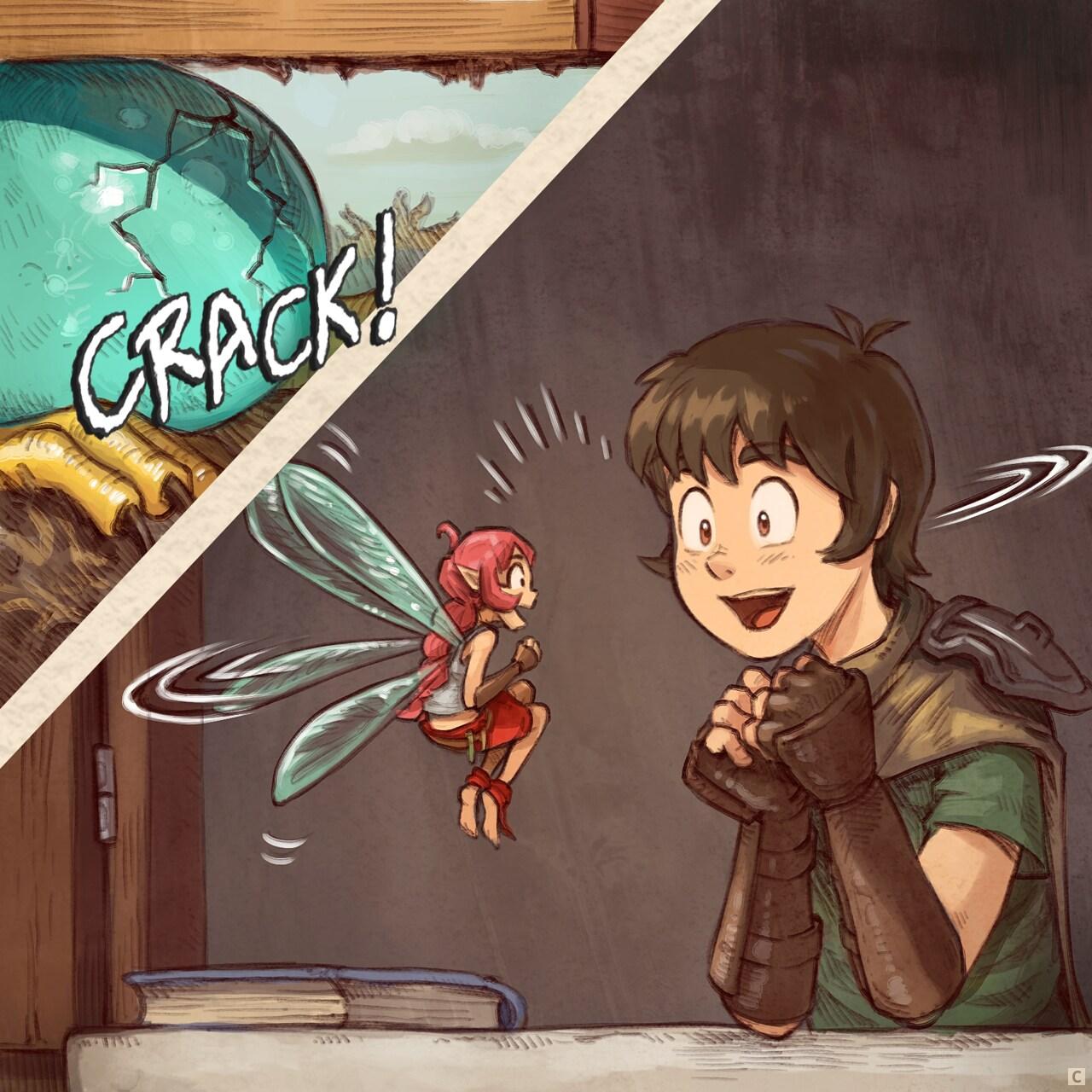 Panel 3. Suddenly, a crack sound from bellow, and both Adventurer and Pink fairy are joyful and look at each other.  
> SoundFX: "Crack!"