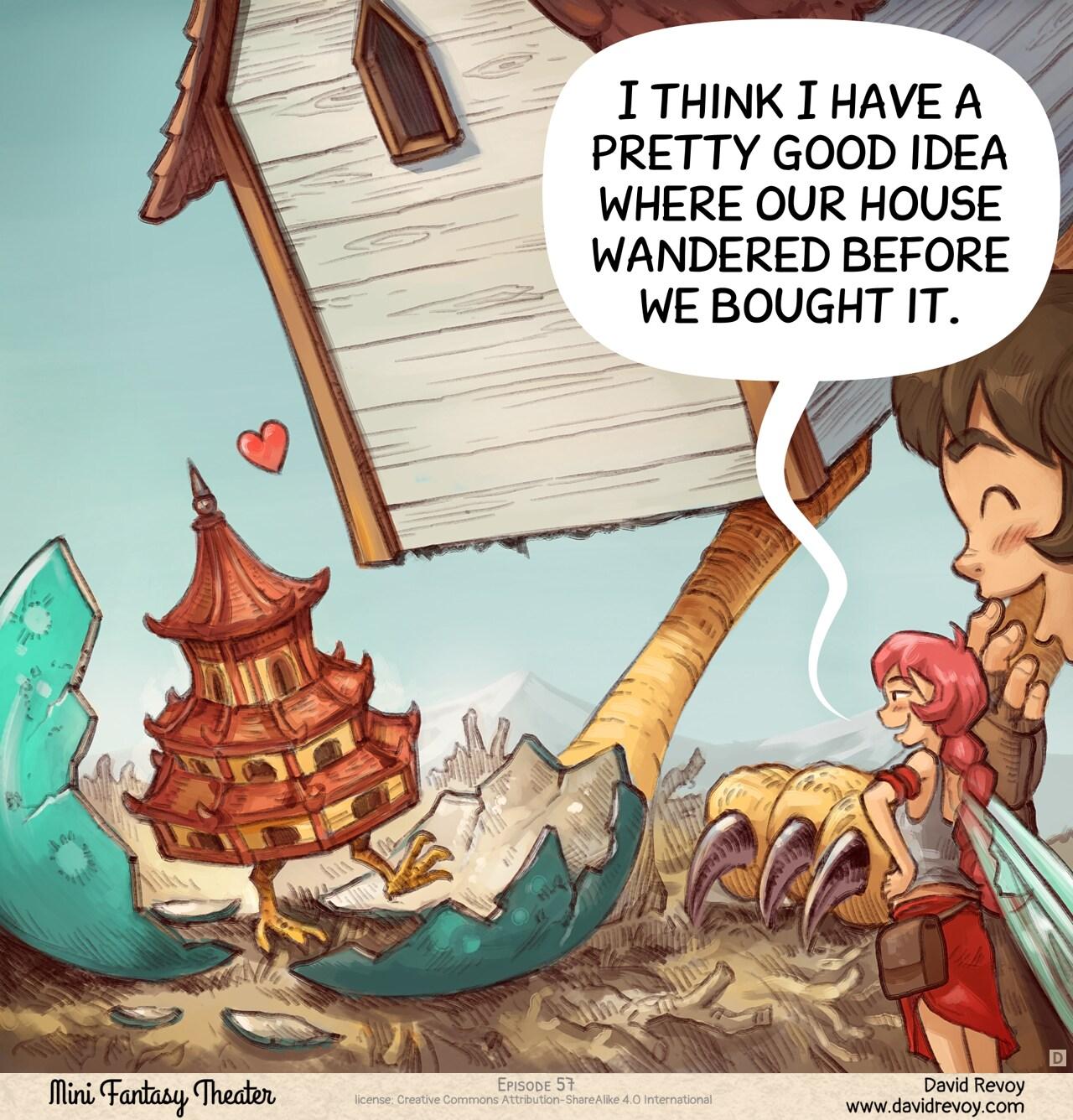 Panel 4. Wide shot: the house is bending at the baby with affection, a mini Japanese pagoda with chicken legs that freshly got out of its shell. The Adventurer and Pink Fairy are laughing.  
> Pink-Fairy: "I think I have a pretty good idea where our house wandered before we bought it."