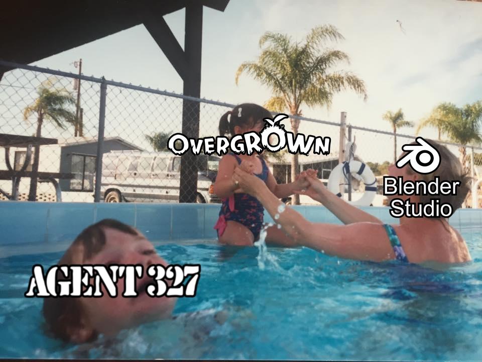 The "mother ignoring drowning child" meme. The mother, being "Blender Studio", is holding up the child "Overgrown" in the pool, ignoring the other child "Agent 327", which is drowning.