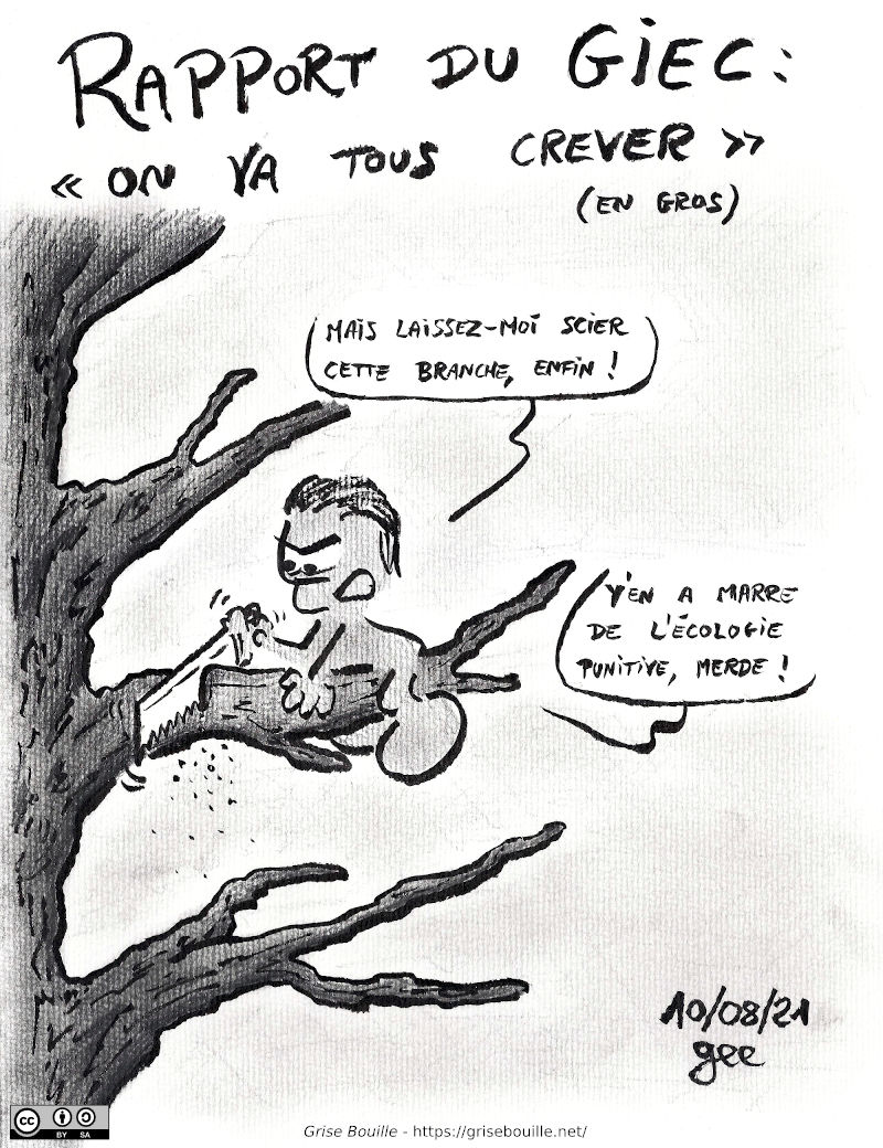 Rapport du GIEC : « On va tous crever » (en gros). Un homme est assis sur une branche, et est en train de la scier d'un air agacé : « Mais laissez-moi scier cette branche, enfin ! Y'en a marre de l'écologie punitive, merde ! » Note : dessin sous licence CC BY SA (grisebouille.net), dessiné le 10 août 2021 par Gee.